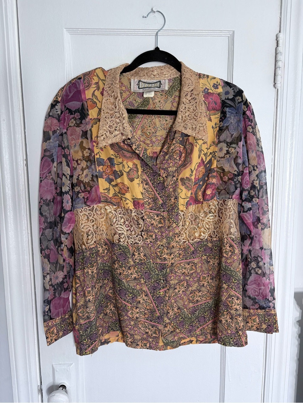 Vintage 90s Hype Inspired Floral Lace Blouse - Yellow/Purple